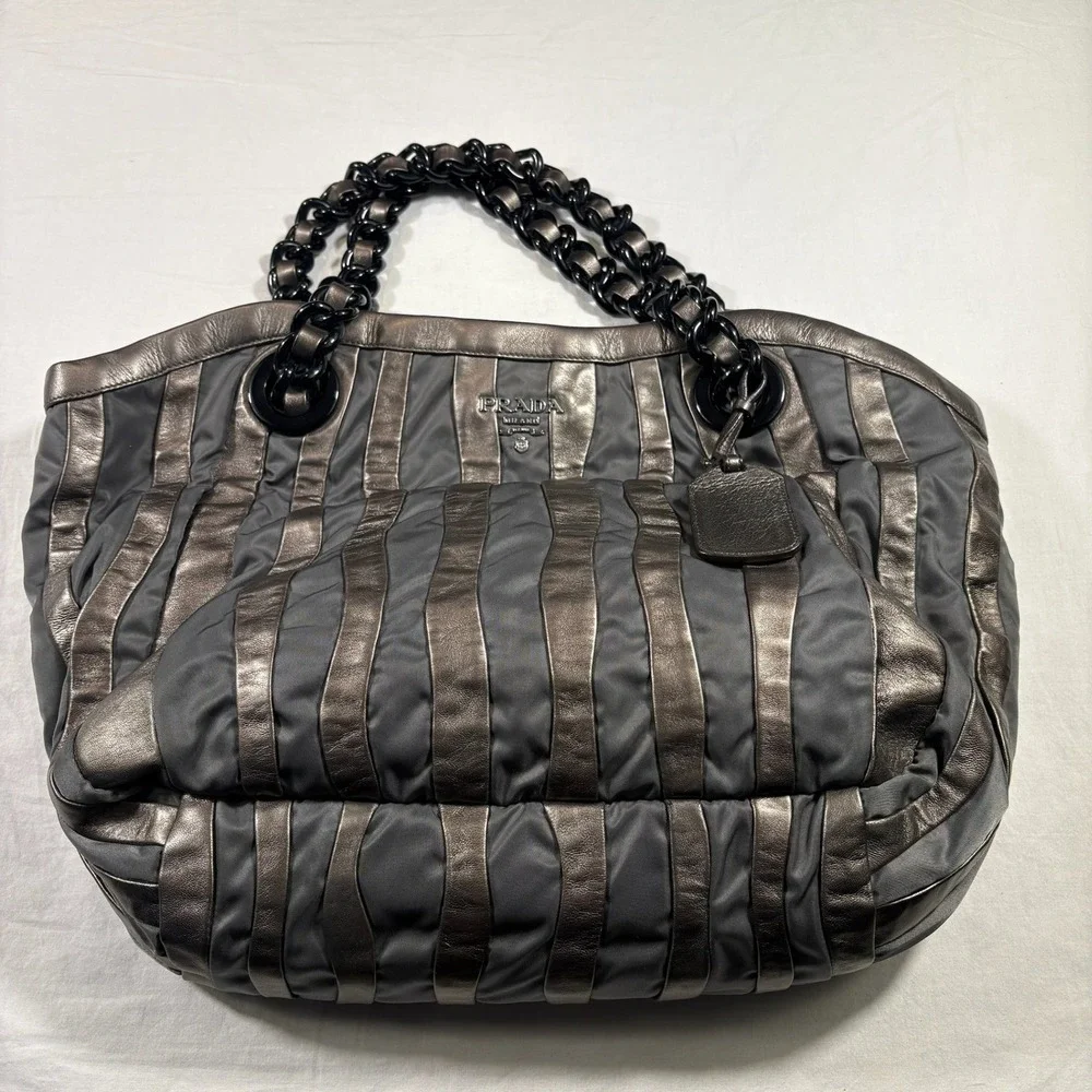 Prada Metalic Napa Tessuto Nylon Mordore Striped Pre-Owned Metallic Chain‎ Tote